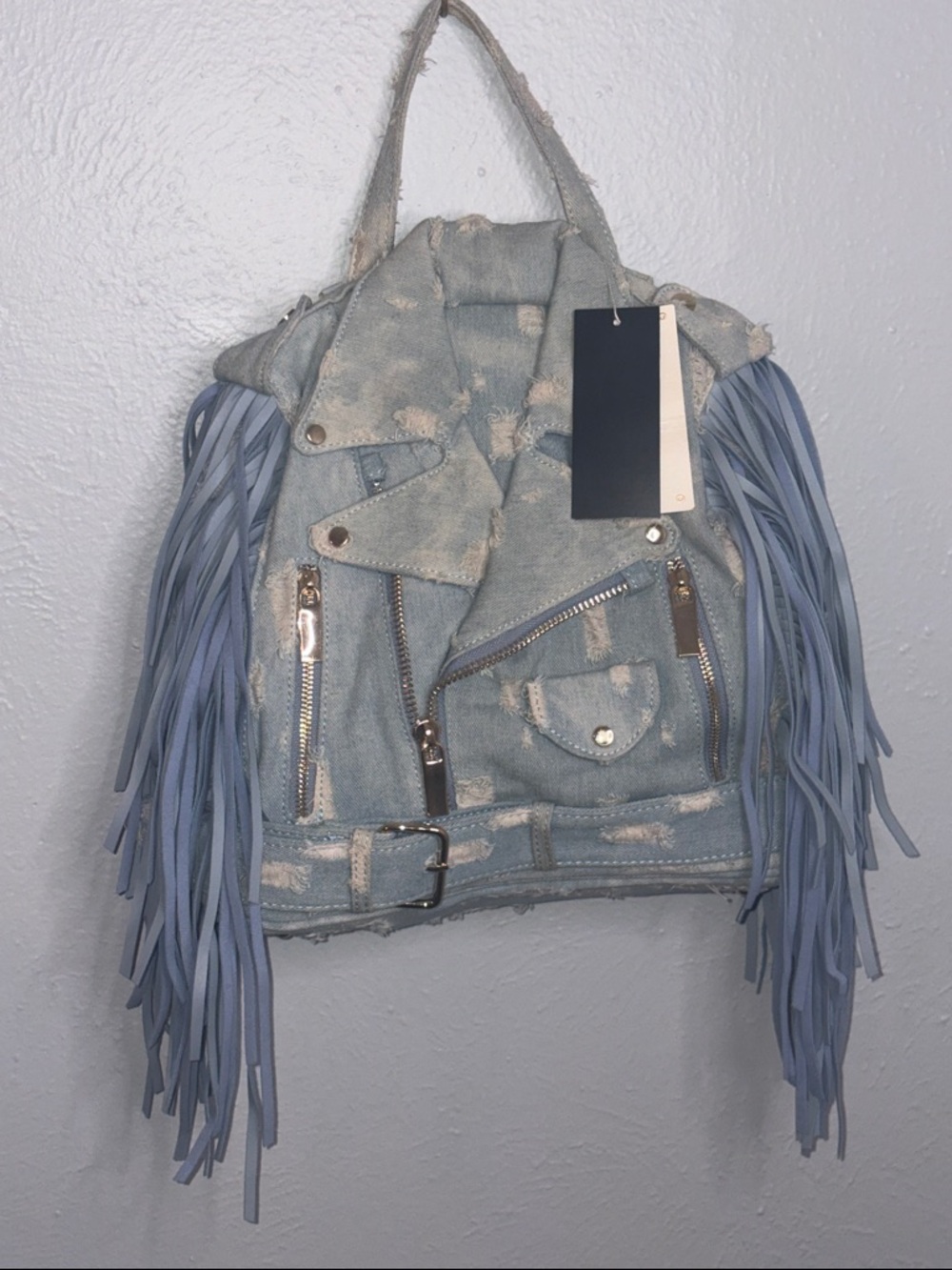 Light Blue Denim Fringe Shoulder Bag with Moto Jacket Styling